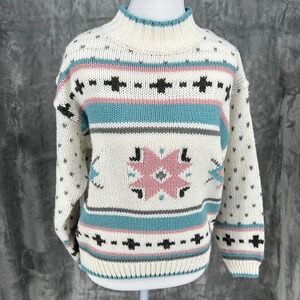 62 East Women S Geometric Pattern Mock Neck Sweater Cream Blue Pink Gray Acrylic